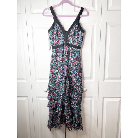 SALONI Dresses & Skirts - Saloni Jewel Rosette Lana Black Floral Ruffle Silk Midi Dress Women's Size 4